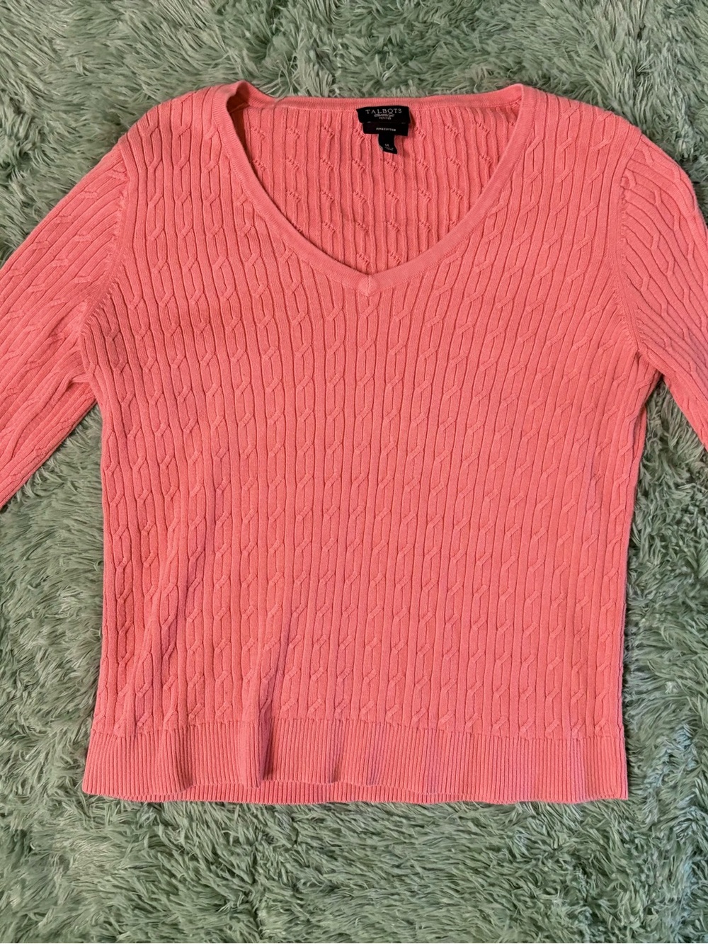 Talbots Coral-Pink Cable Knit V-Neck Sweater - Women